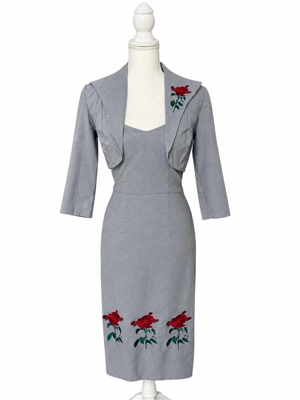 Rare Tatyana Bettie Page stretchy Gray Dress w/ Rose Embroidery. Pinup vintage